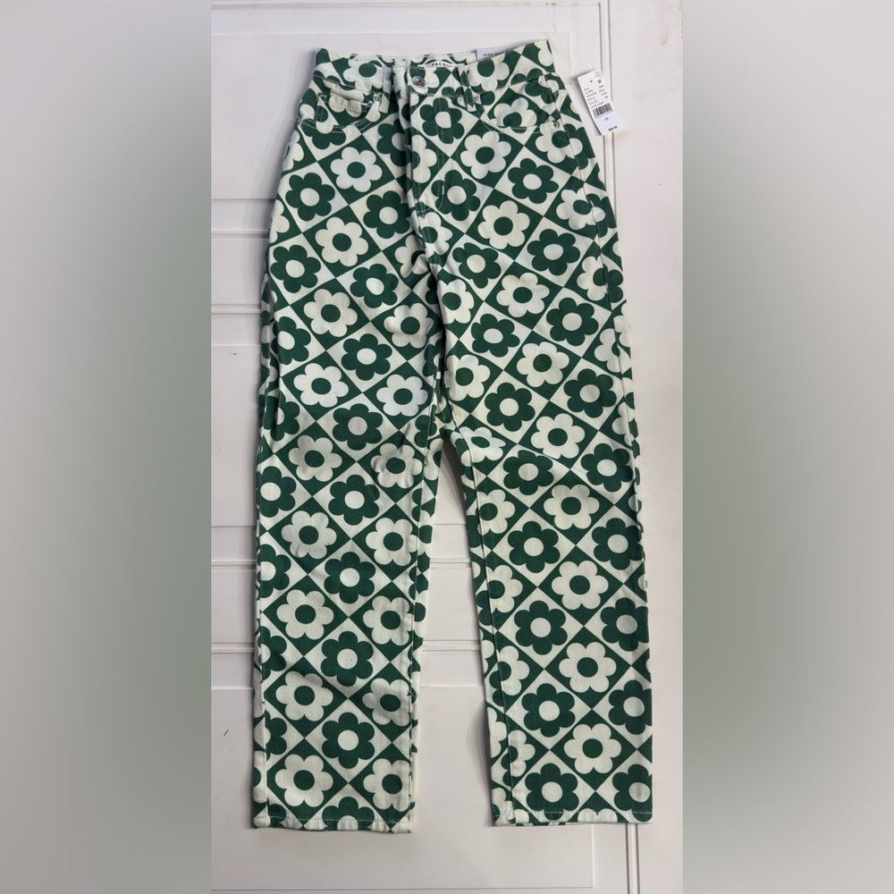 Pacsun NWT Women’s Sz 25 Green White Floral High Rise Straight Denim Jeans Pants - Picture 1 of 6